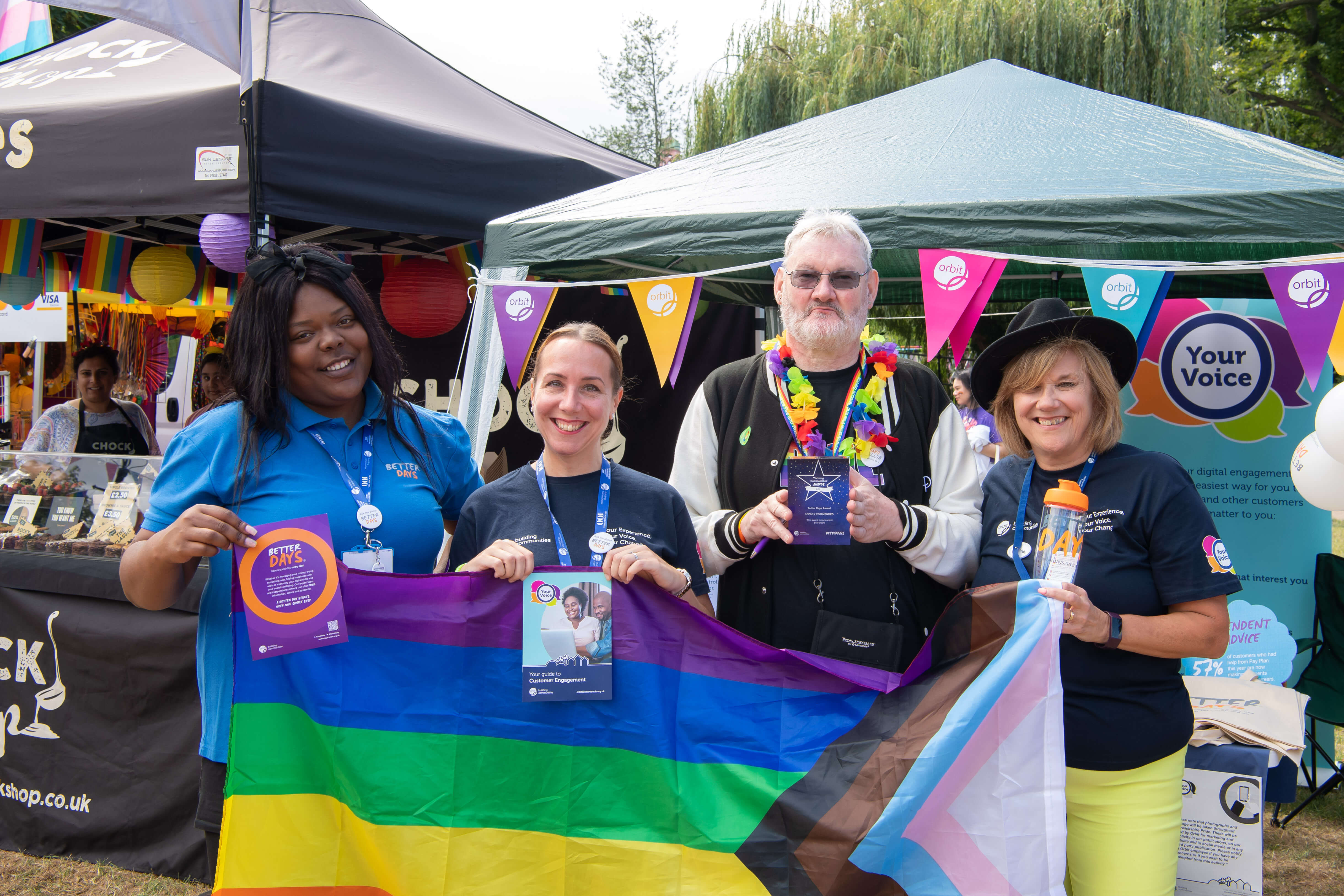 Keisha Brown-Greaves, Associate Placemaking and Partnership Manager; Verity Darbyshire, Customer Engagement Lead; Phil, an engaged Orbit customer and Tracy Tonry, Customer Engagement Lead.