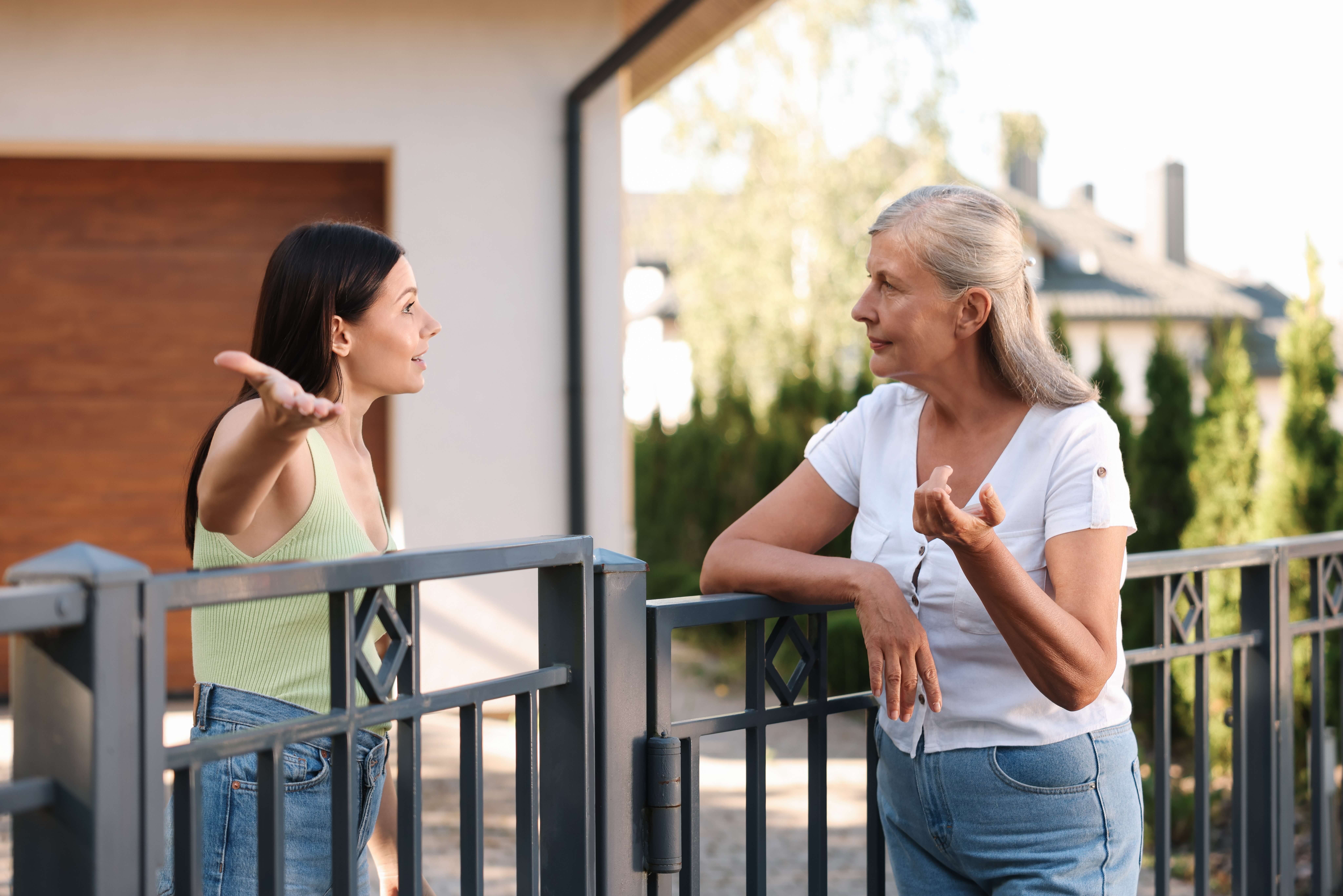 two neighbours having a disagreement across a fence