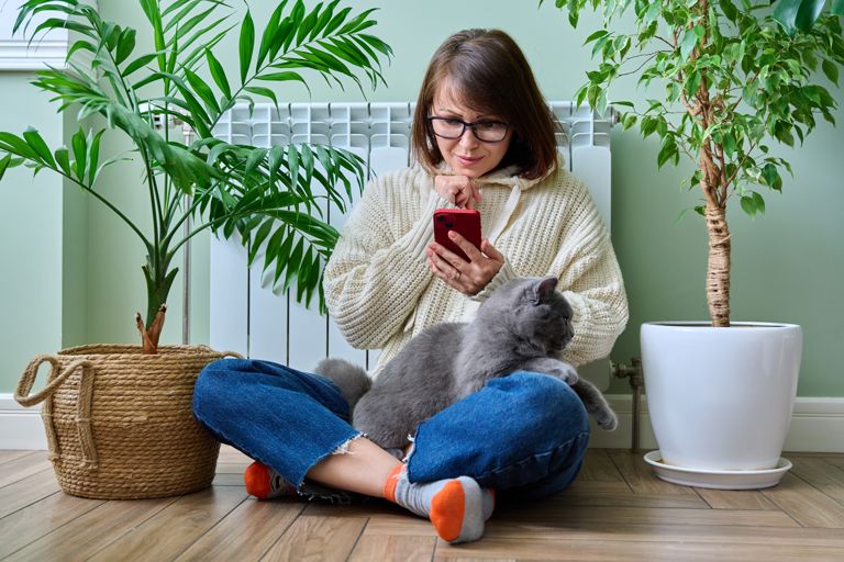 A woman sat on the floor on her phone with a grey cat in her lap A woman sat on the floor on her phone with a grey cat in her lap