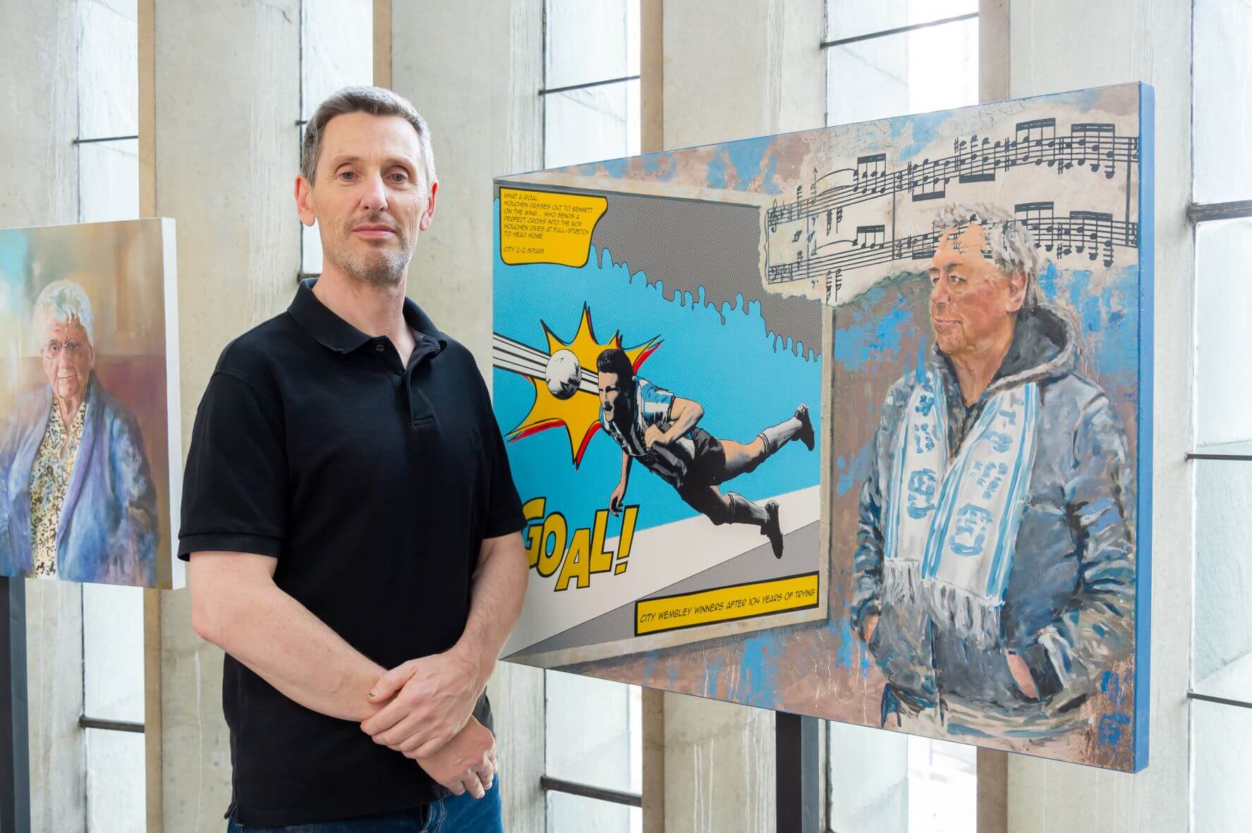 Warwickshire artist Andy Farr with his portrait of Steve, an Orbit resident from the city who attended the 1987 FA Cup Final