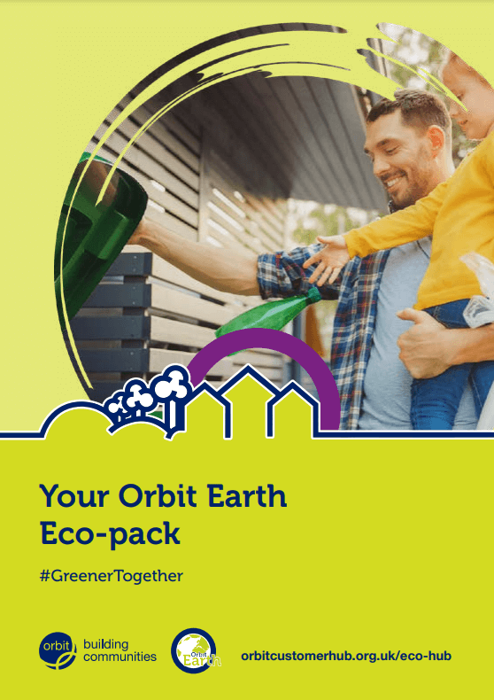 Your earth eco pack front cover of a booklet with a father and daughter throwing rubbish in a bin